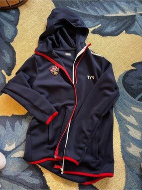 TYR Navy Hooded Zip Jacket with Red Trim and USA Patch